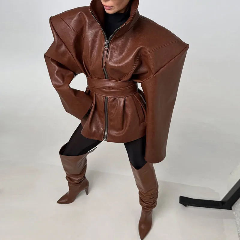Casual Pu Leather Loose Women Jacket Belt Full Sleeve Stand Collar Zippers Female Coat 2026 Spring Autumn Lady Streetwears