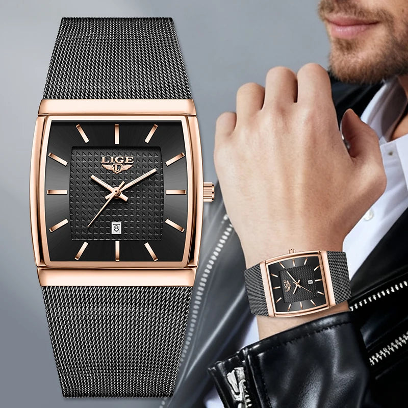 LIGE New Luxury Square Watch For Men Fashion Business Rose Gold Ultra Thin Mesh Waterproof Luminous Men's Quartz Wristwatches