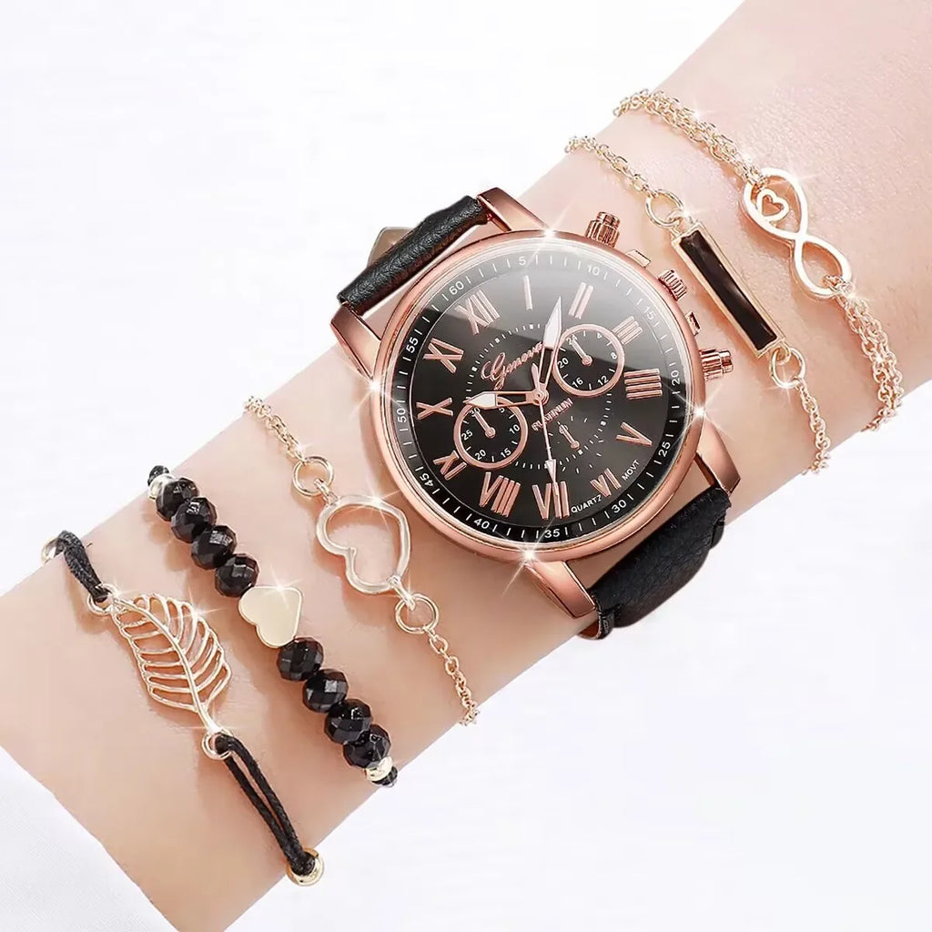 Surprise Mystery Watch Set Blind Box- 6PCS Fashion Women Watches Bracelets Set Casual Leather Band Wristwatches（Without Box）