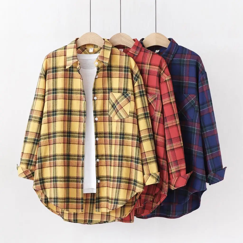 Fresh Flannel Plaid Shirt Women 2026 New Female Blouses and Tops Cotton Loose Long Sleeve Casual Shirts Fine Women's Clothes