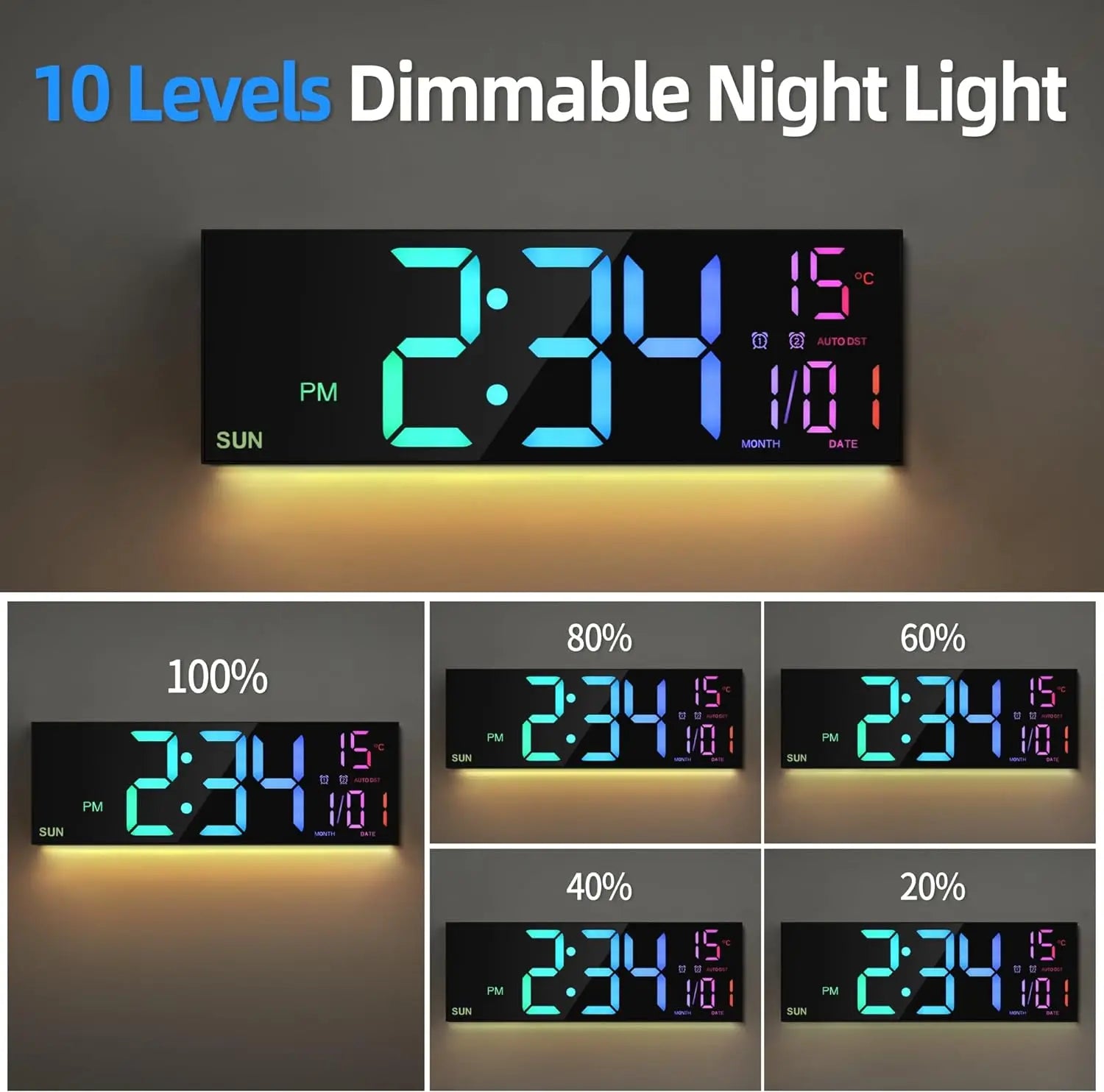 Büyük Dijital Duvar Saati | LED Ekran | Uzaktan Kumandalı | 8 RGB Renk | Çift Alarm