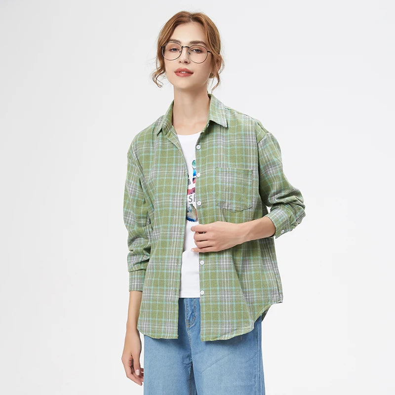Fresh Flannel Plaid Shirt Women 2026 New Female Blouses and Tops Cotton Loose Long Sleeve Casual Shirts Fine Women's Clothes