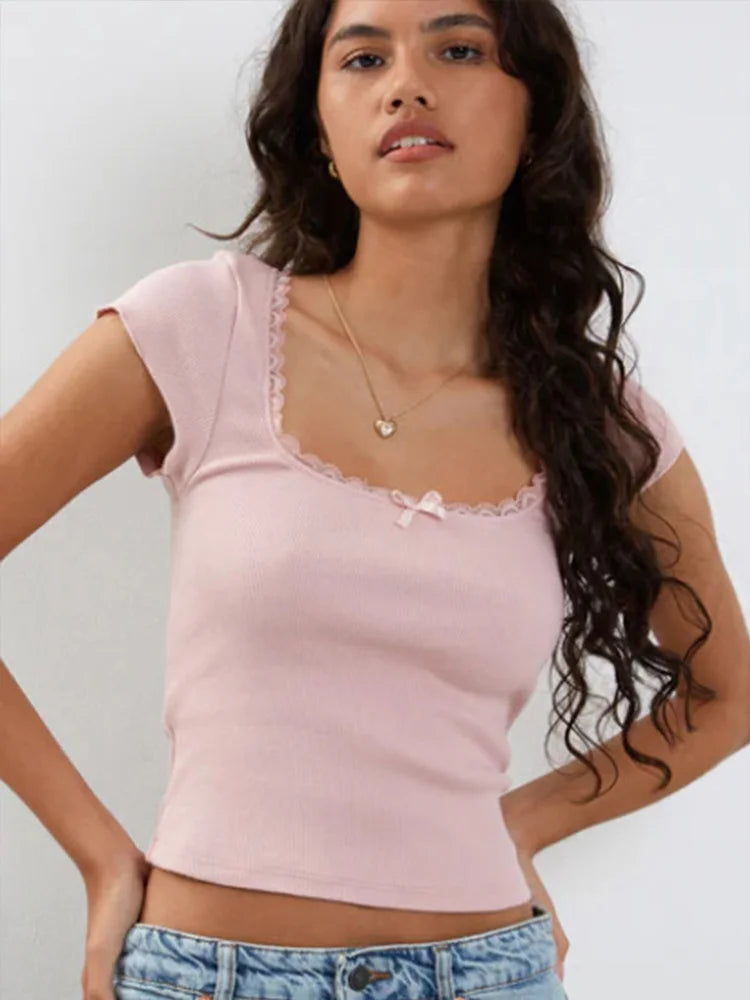 Kadın Vintage Bebek Tişörtü, Dantel Detaylı Örme Tişört, Beyaz Sütçü Kız Crop Top, Kısa Kollu Tişört, Yazlık, Y2K
