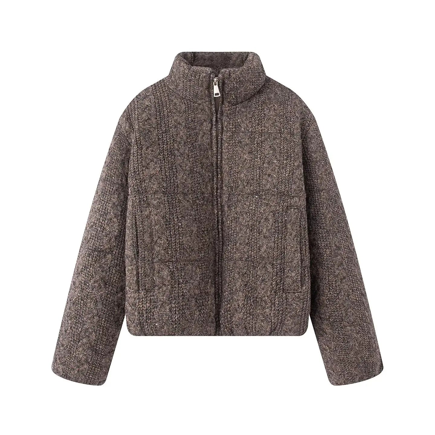 KONDALA Casual Knit Padded Coats Long Sleeve Zipper Pockets Thick Warm Jackets Fashion 2025 Autumn Winter Streetwear Outwears