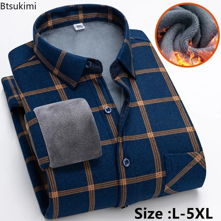 New 2025 Men's Warm Long Sleeve Plaid Design Shirt Autumn Winter Fleece and Thick Warm Men's Casual Shirts Large Size Shirt 5XL