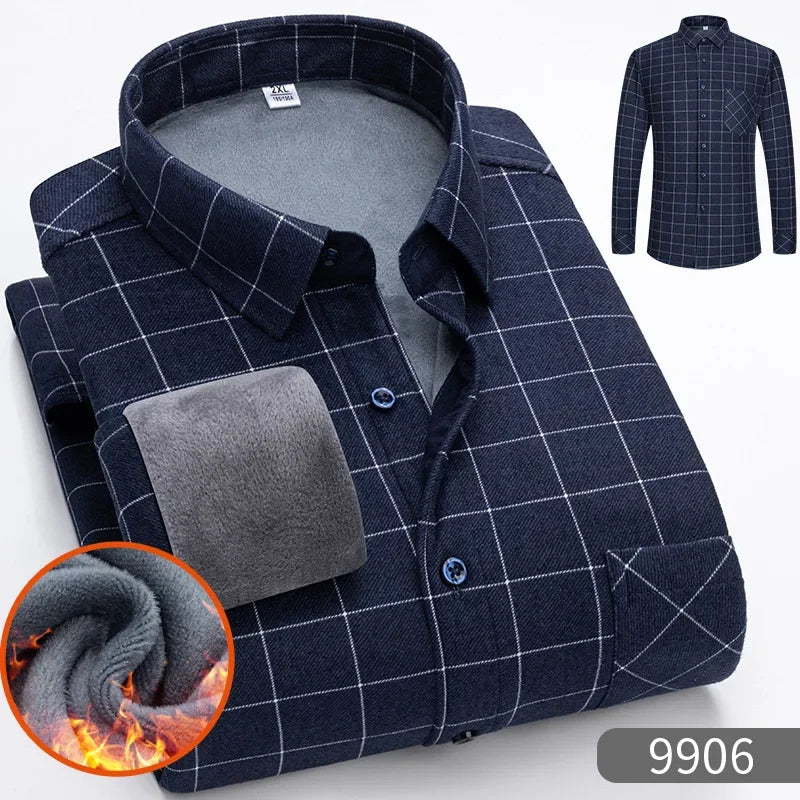 New 2025 Men's Warm Long Sleeve Plaid Design Shirt Autumn Winter Fleece and Thick Warm Men's Casual Shirts Large Size Shirt 5XL