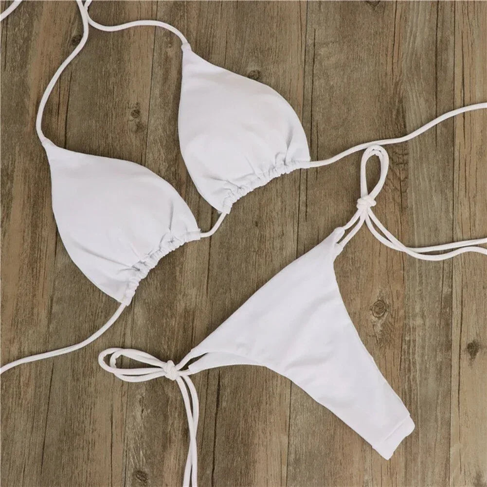 Solid Color Hanging Neck Style Lace-Up Bikini Women's Sexy Split Binding Triangle Beach Swimsuit No Steel Bracket No Chest Pad