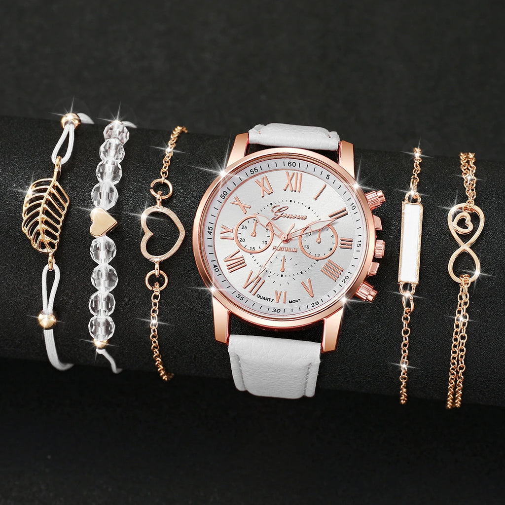 Surprise Mystery Watch Set Blind Box- 6PCS Fashion Women Watches Bracelets Set Casual Leather Band Wristwatches（Without Box）