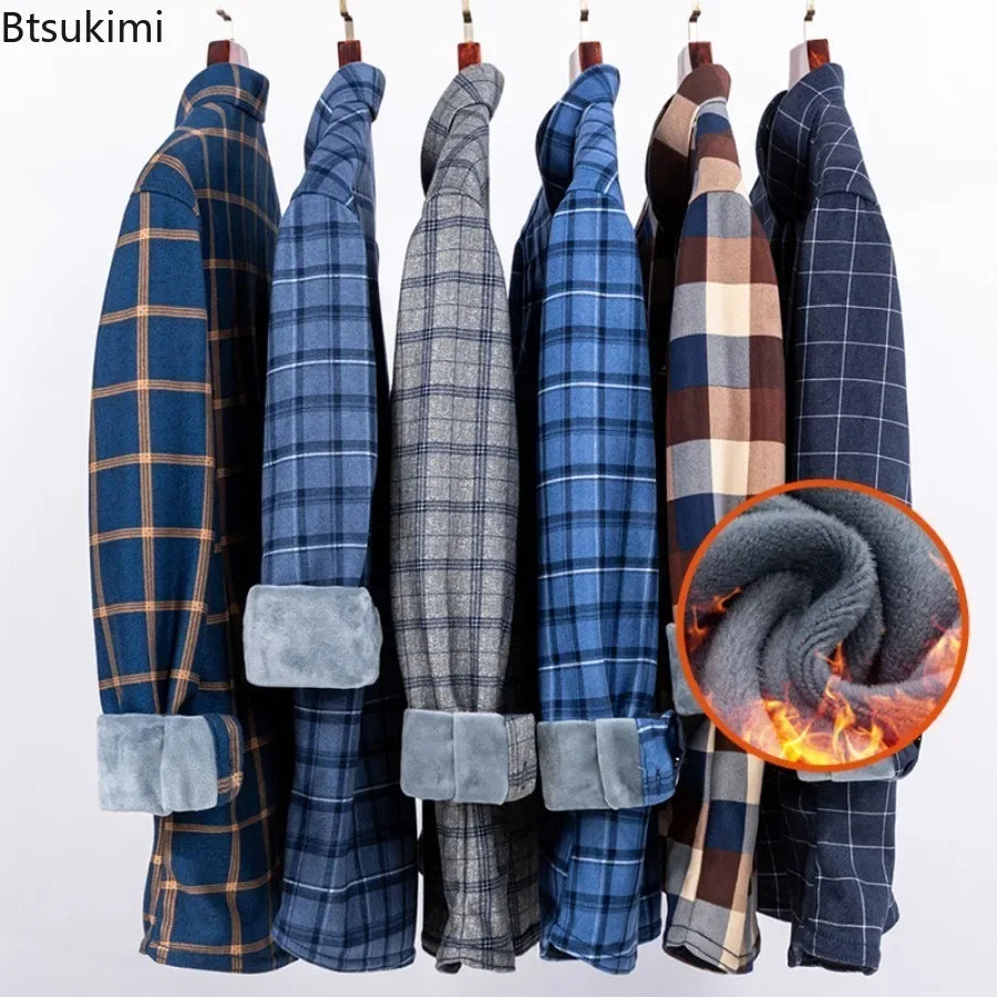 New 2025 Men's Warm Long Sleeve Plaid Design Shirt Autumn Winter Fleece and Thick Warm Men's Casual Shirts Large Size Shirt 5XL
