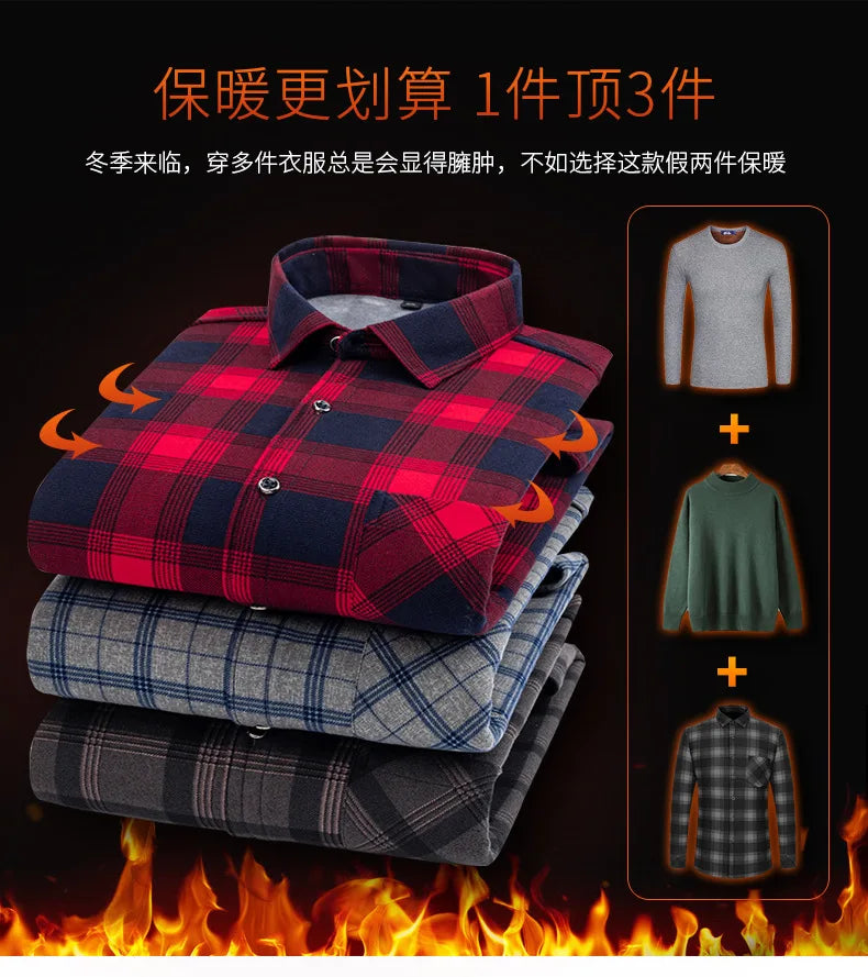 New 2025 Men's Warm Long Sleeve Plaid Design Shirt Autumn Winter Fleece and Thick Warm Men's Casual Shirts Large Size Shirt 5XL