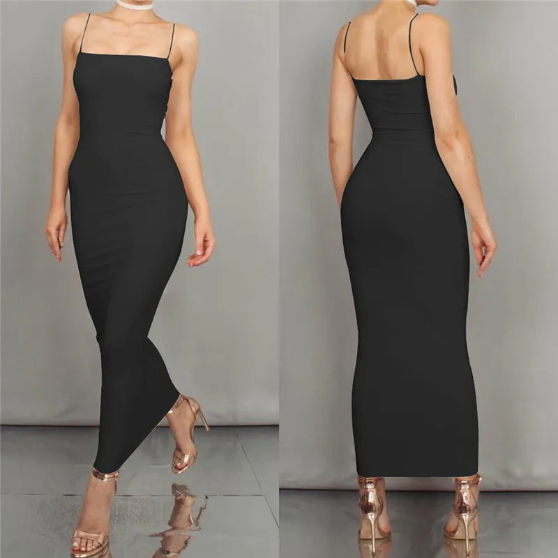 Seksi Sırt Açık Askılı Bodycon Maxi Parti Elbisesi - Y2K Vintage Siyah
