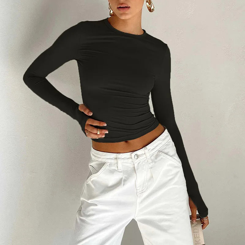 Moda Kadın Tişört Uzun Kollu Bisiklet Yaka Düz Renk Dar Kesim Bayan Crop Top Günlük Sokak Giyimi Yazlık Atlet Başparmak Delikli