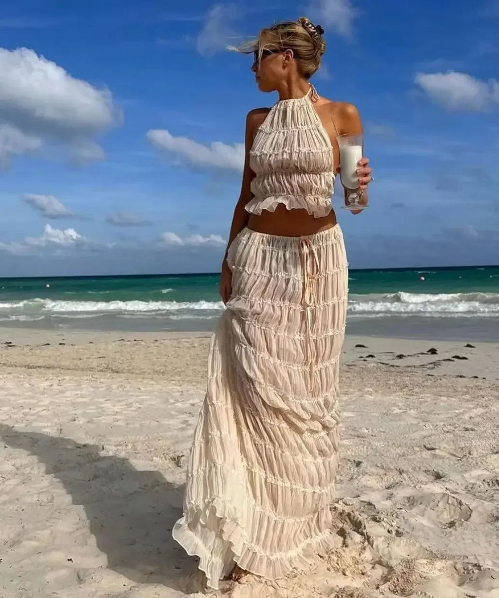 Summer New Sexy Halter Neck Pleated Lace Vest Dress Set for Women