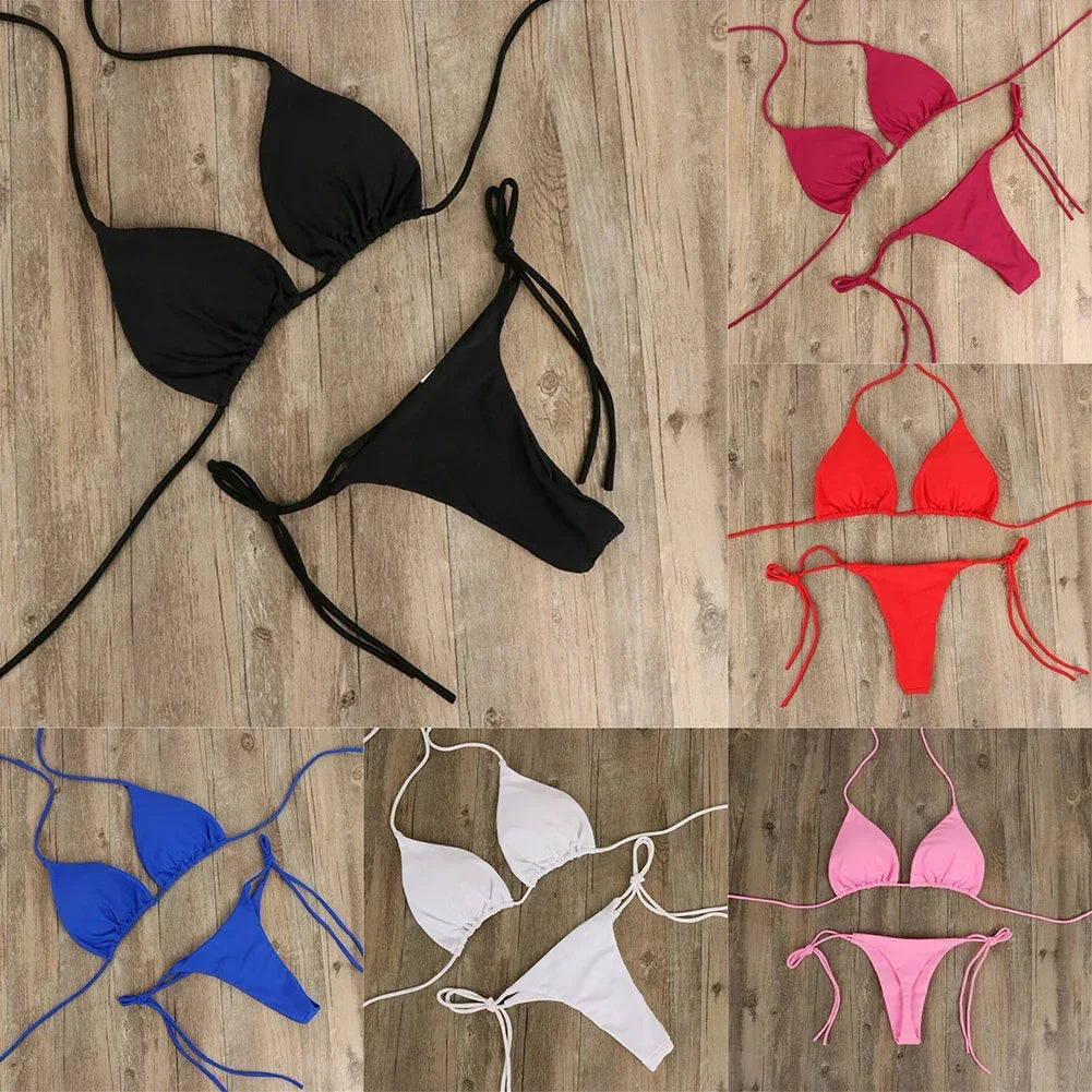 Solid Color Hanging Neck Style Lace-Up Bikini Women's Sexy Split Binding Triangle Beach Swimsuit No Steel Bracket No Chest Pad