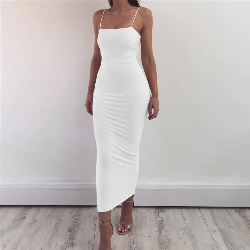 Seksi Sırt Açık Askılı Bodycon Maxi Parti Elbisesi - Y2K Vintage Siyah