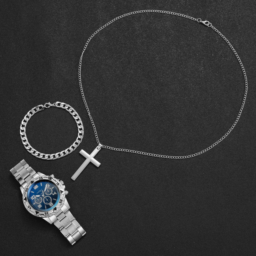 3PCS/Set Fashion Large Dial Men's Quartz Watch Luxury Men Business Watches Necklace Bracelet Set Relogio Masculino（Without Box）