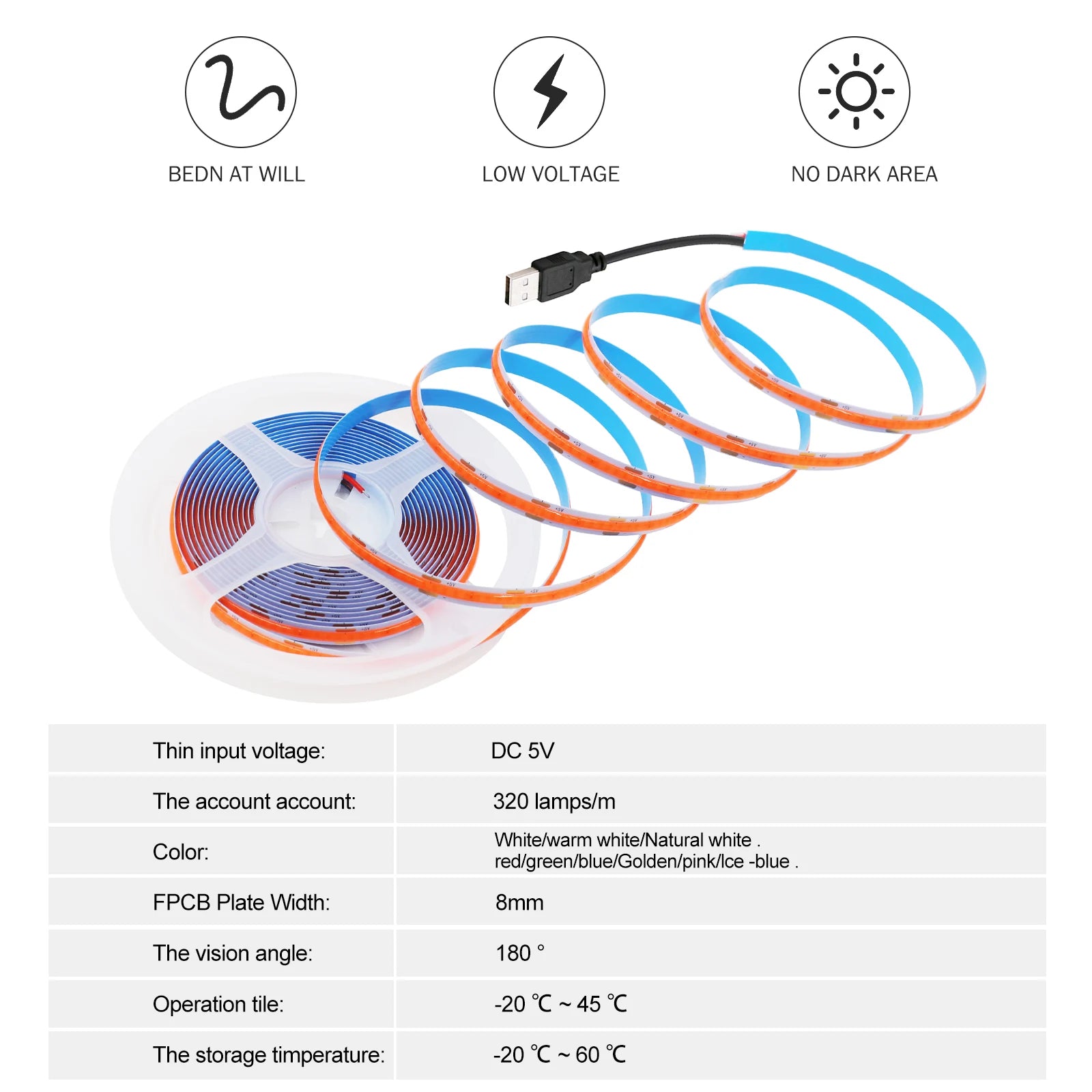 USB COB Strip Light 5V | 320 LED/m | Flexible Adhesive Tape | TV Backlighting
