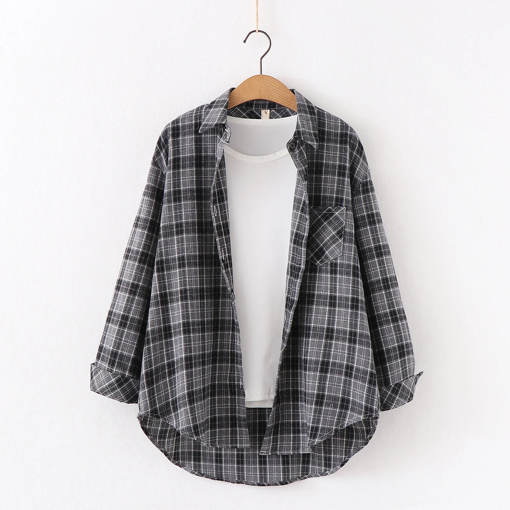 Fresh Flannel Plaid Shirt Women 2026 New Female Blouses and Tops Cotton Loose Long Sleeve Casual Shirts Fine Women's Clothes