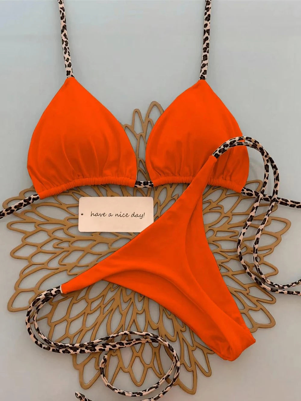 Women's Sexy Solid Halter Bikini Set Lace-Up Low Waist Two-Piece Triangle Thong Swimwear Leopard Tie On Side Brazilian Biquinis