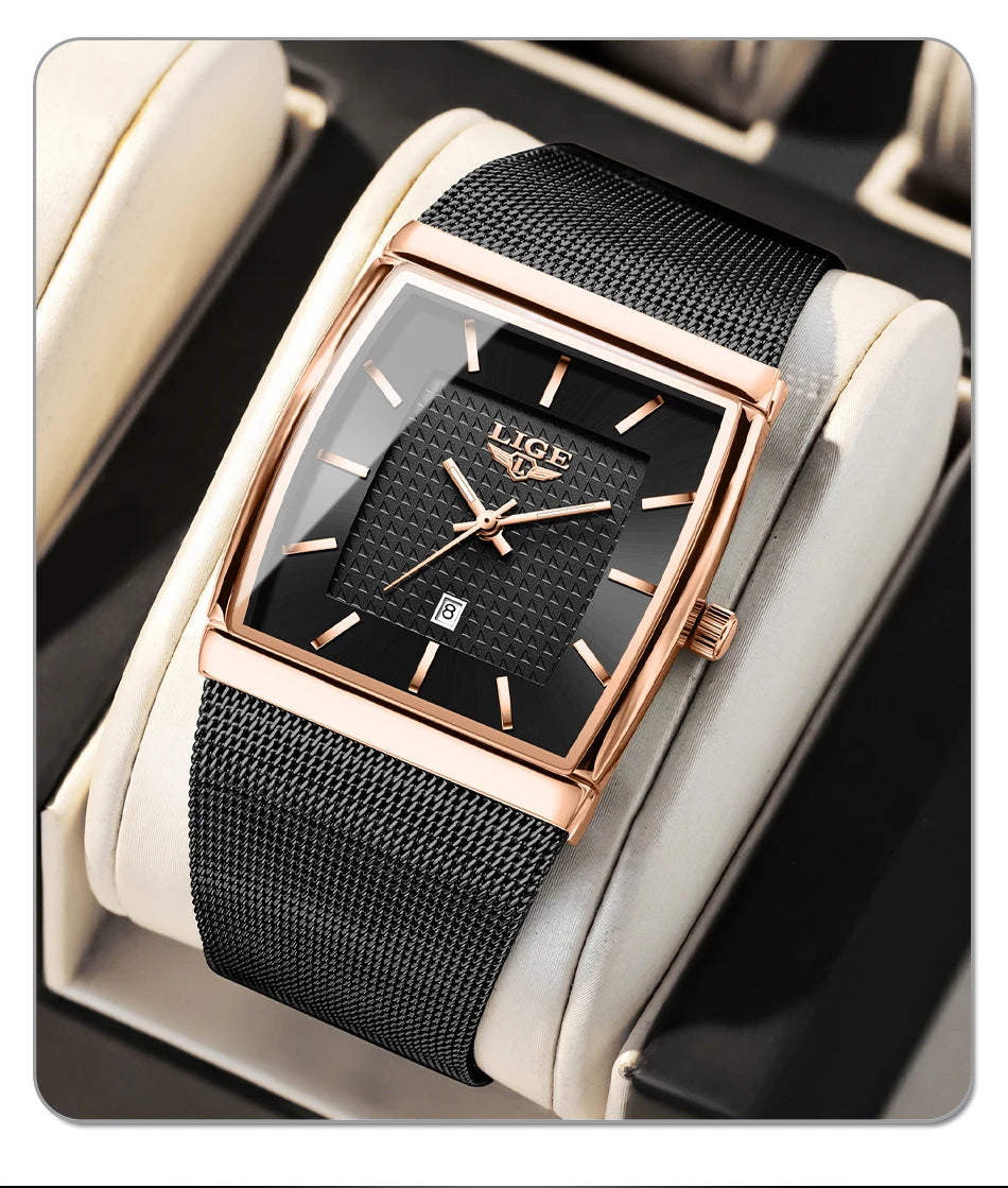 LIGE New Luxury Square Watch For Men Fashion Business Rose Gold Ultra Thin Mesh Waterproof Luminous Men's Quartz Wristwatches