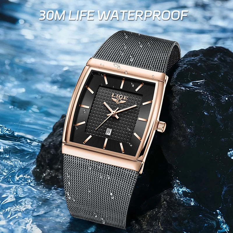 LIGE New Luxury Square Watch For Men Fashion Business Rose Gold Ultra Thin Mesh Waterproof Luminous Men's Quartz Wristwatches