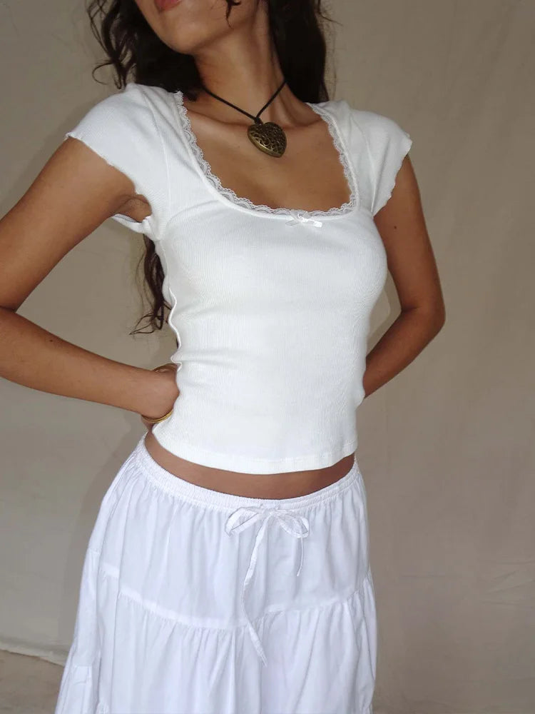 Kadın Vintage Bebek Tişörtü, Dantel Detaylı Örme Tişört, Beyaz Sütçü Kız Crop Top, Kısa Kollu Tişört, Yazlık, Y2K