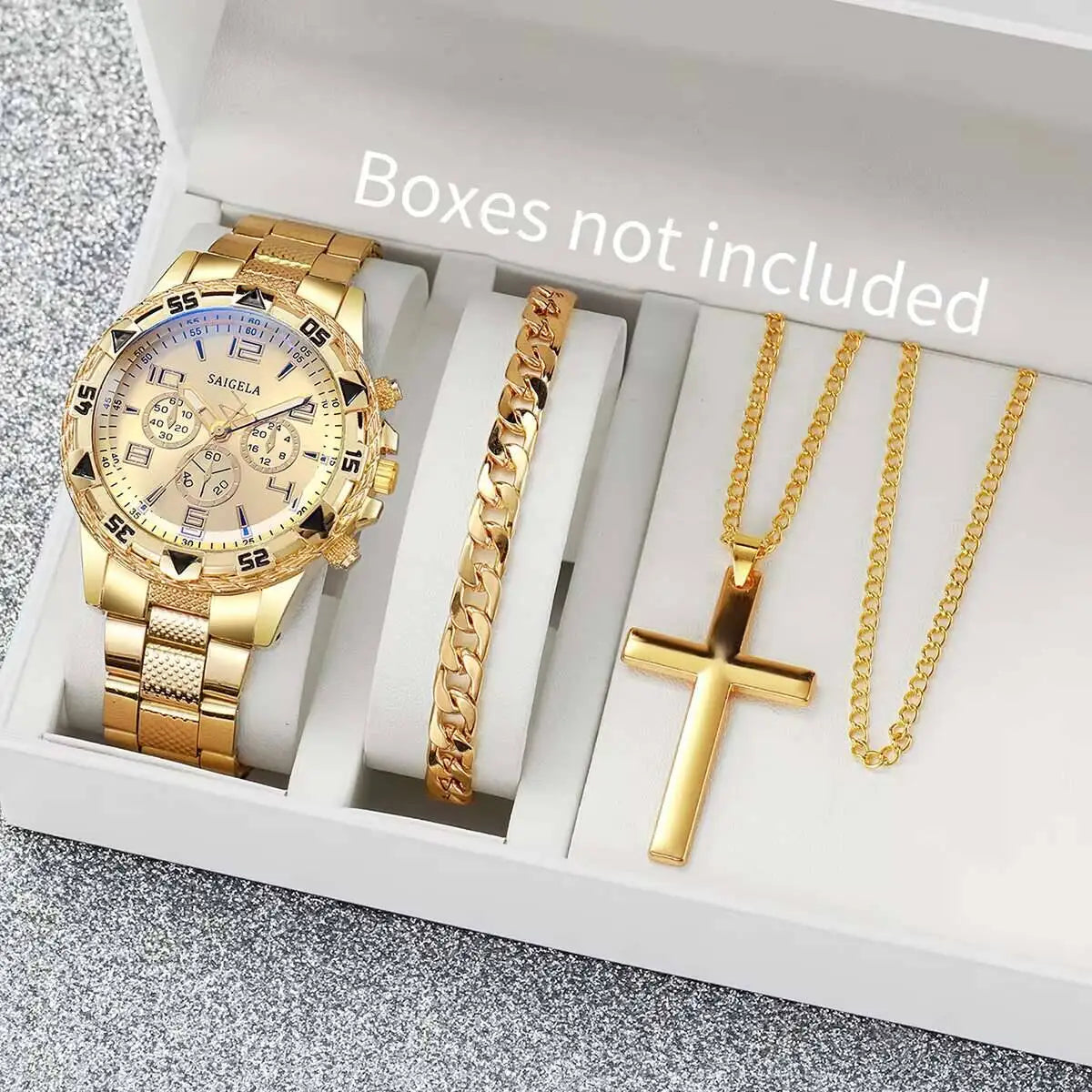 3PCS/Set Fashion Large Dial Men's Quartz Watch Luxury Men Business Watches Necklace Bracelet Set Relogio Masculino（Without Box）