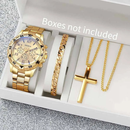 3PCS/Set Fashion Large Dial Men's Quartz Watch Luxury Men Business Watches Necklace Bracelet Set Relogio Masculino（Without Box）