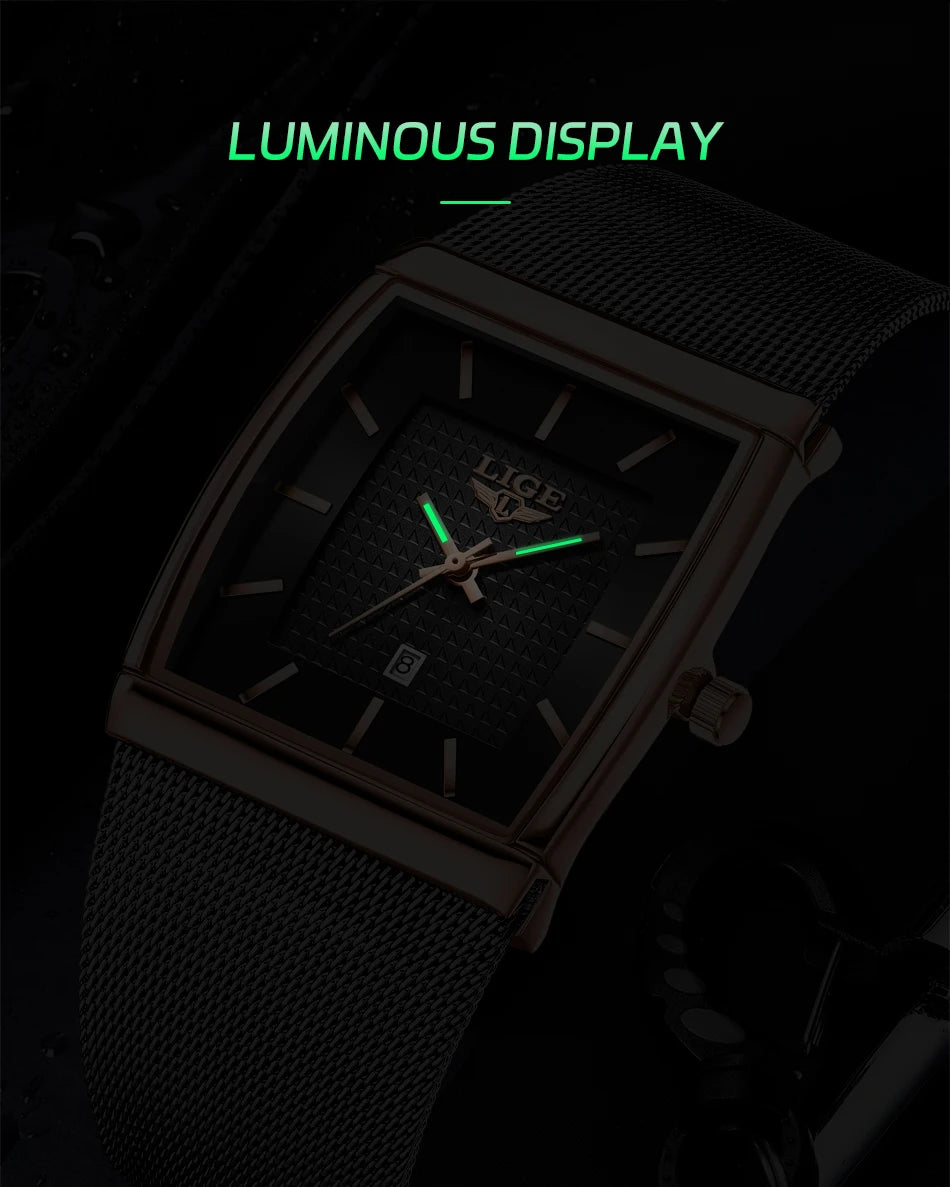 LIGE New Luxury Square Watch For Men Fashion Business Rose Gold Ultra Thin Mesh Waterproof Luminous Men's Quartz Wristwatches