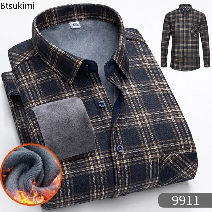New 2025 Men's Warm Long Sleeve Plaid Design Shirt Autumn Winter Fleece and Thick Warm Men's Casual Shirts Large Size Shirt 5XL