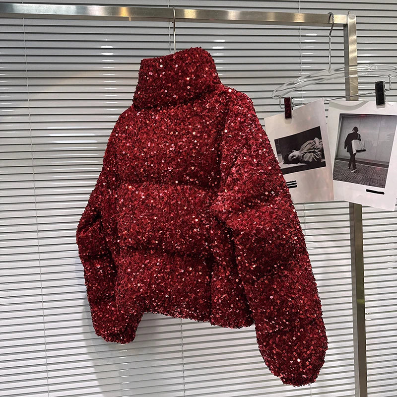 DEAT 2025 Winter New Fashion Heavy Industry Colorful Sequin Stand Collar Warm Jacket For Women Cotton-padded Coat 11A07258