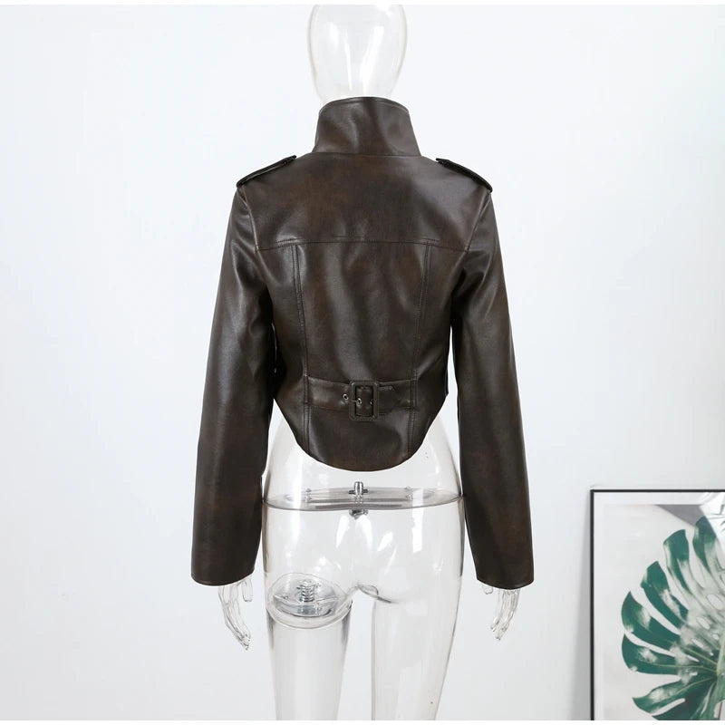 Casual Pu Leather Loose Women Jacket Belt Full Sleeve Stand Collar Zippers Female Coat 2026 Spring Autumn Lady Streetwears