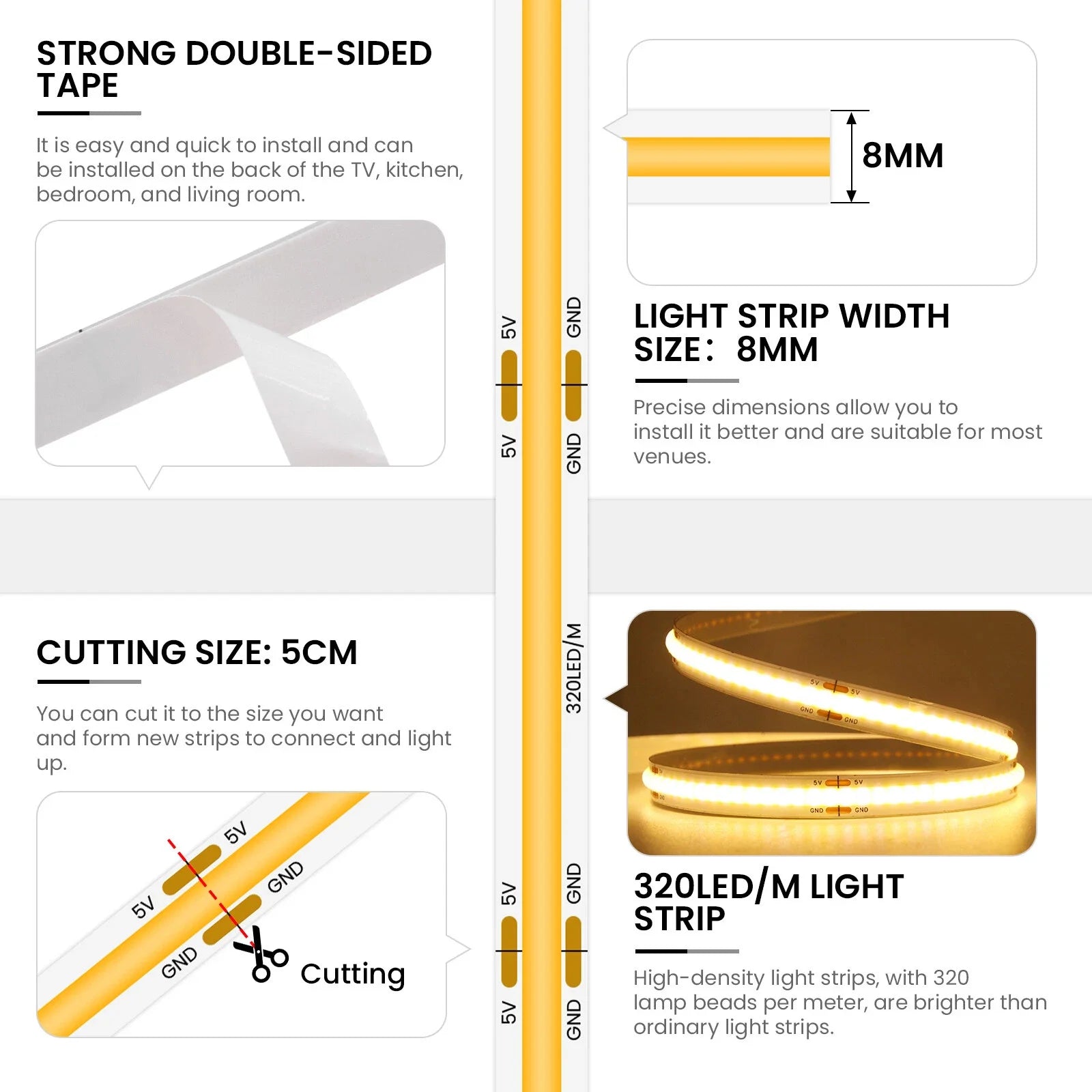 5V COB LED Şerit Işık | 3AA Pilli | Esnek Yapışkanlı Bant | Dolap Aydınlatma