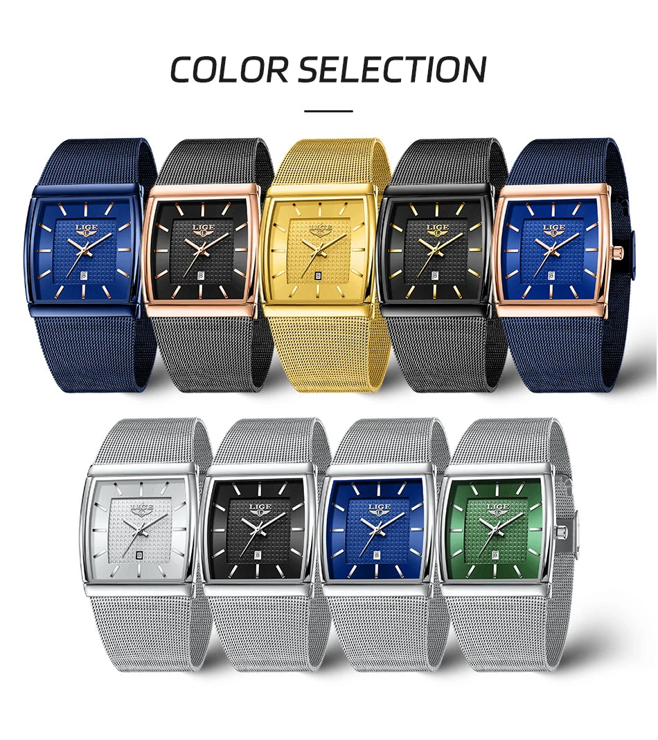 LIGE New Luxury Square Watch For Men Fashion Business Rose Gold Ultra Thin Mesh Waterproof Luminous Men's Quartz Wristwatches