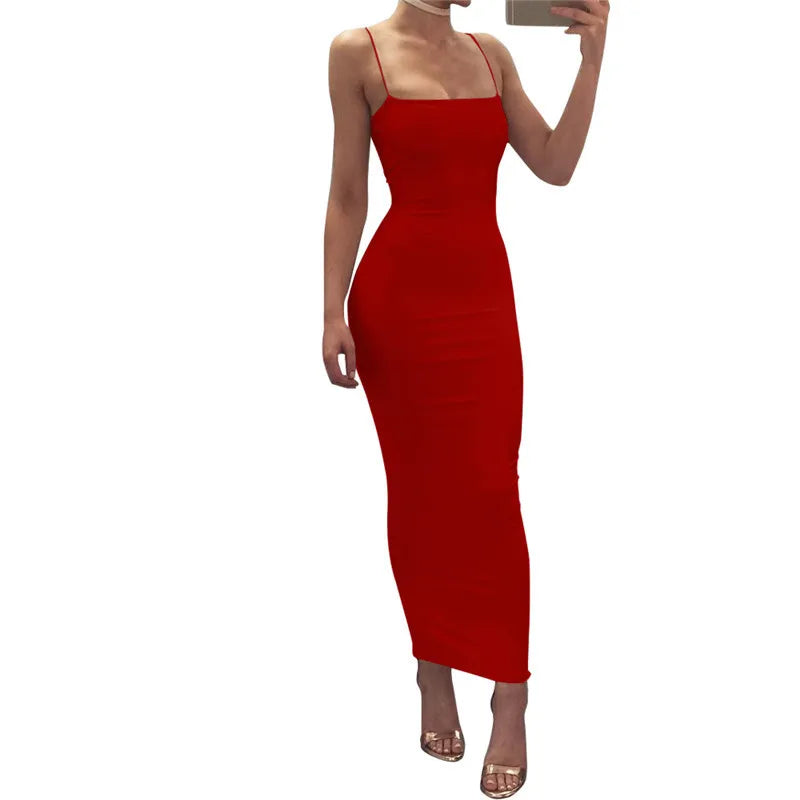 Seksi Sırt Açık Askılı Bodycon Maxi Parti Elbisesi - Y2K Vintage Siyah