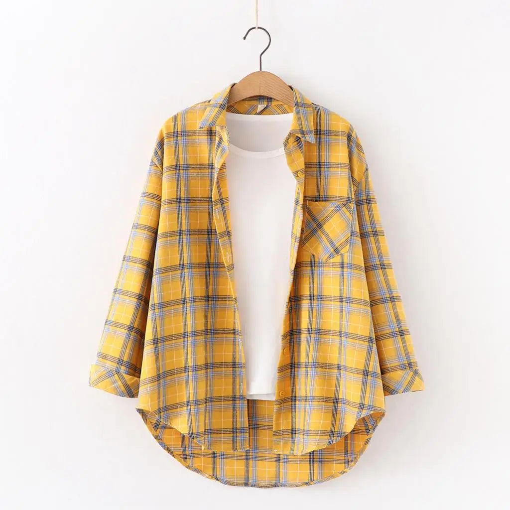 Fresh Flannel Plaid Shirt Women 2026 New Female Blouses and Tops Cotton Loose Long Sleeve Casual Shirts Fine Women's Clothes