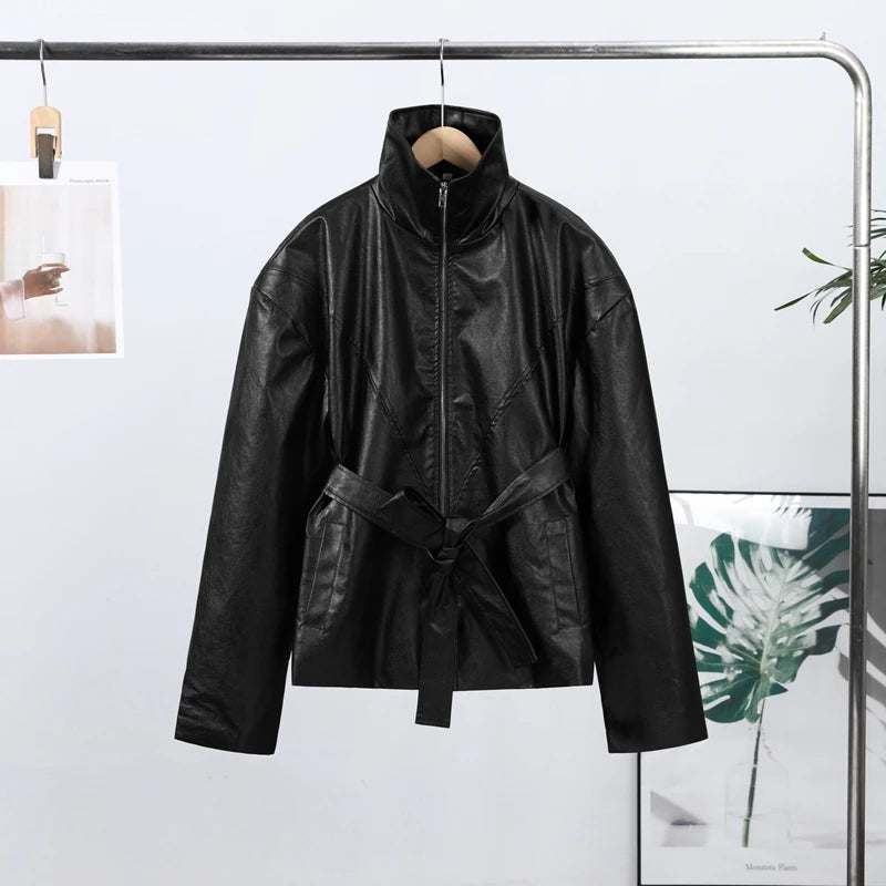Casual Pu Leather Loose Women Jacket Belt Full Sleeve Stand Collar Zippers Female Coat 2026 Spring Autumn Lady Streetwears