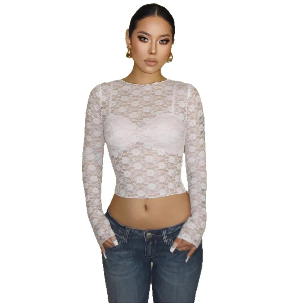 T shirt women 2026 fashion New casual sexy lace sexy nightclub slim long-sleeved T-shirt summer tshirt women's clothing