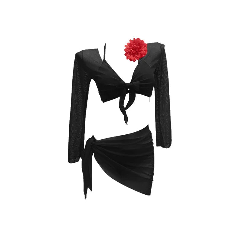2026 New Women's Big Red Whitening Pure Desire Sexy Bikini Four Piece Set Long Sleeve Sunscreen Hot Girl Swimsuit