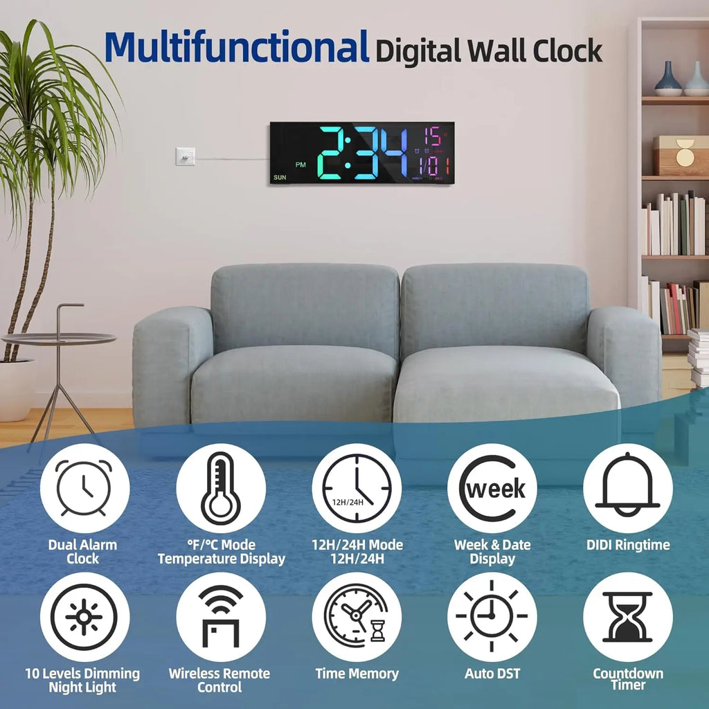 Büyük Dijital Duvar Saati | LED Ekran | Uzaktan Kumandalı | 8 RGB Renk | Çift Alarm