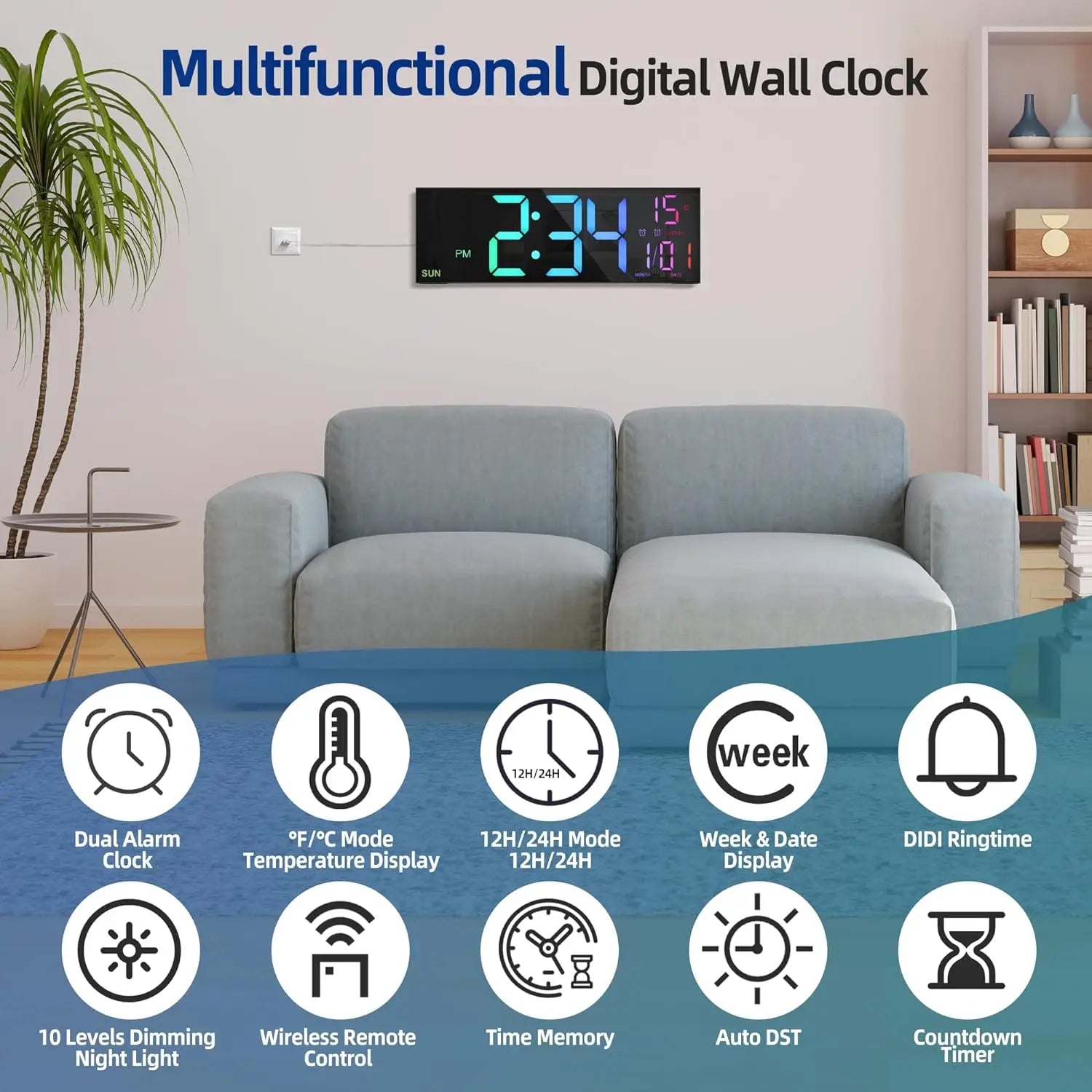 Büyük Dijital Duvar Saati | LED Ekran | Uzaktan Kumandalı | 8 RGB Renk | Çift Alarm