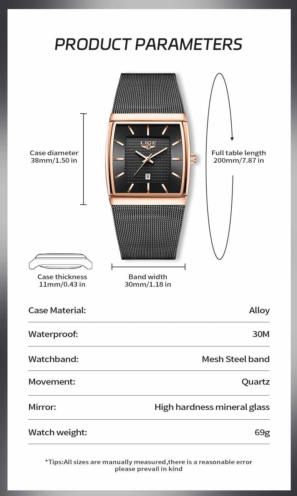 LIGE New Luxury Square Watch For Men Fashion Business Rose Gold Ultra Thin Mesh Waterproof Luminous Men's Quartz Wristwatches