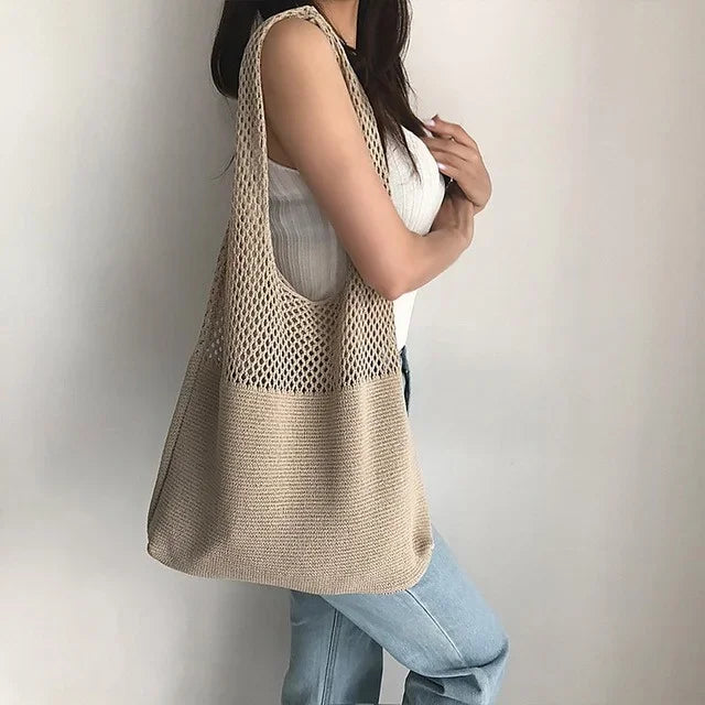 Retro Örgü El Çantası | Tığ İşi | Kadın Tote Çanta | Siyah Beyaz Haki