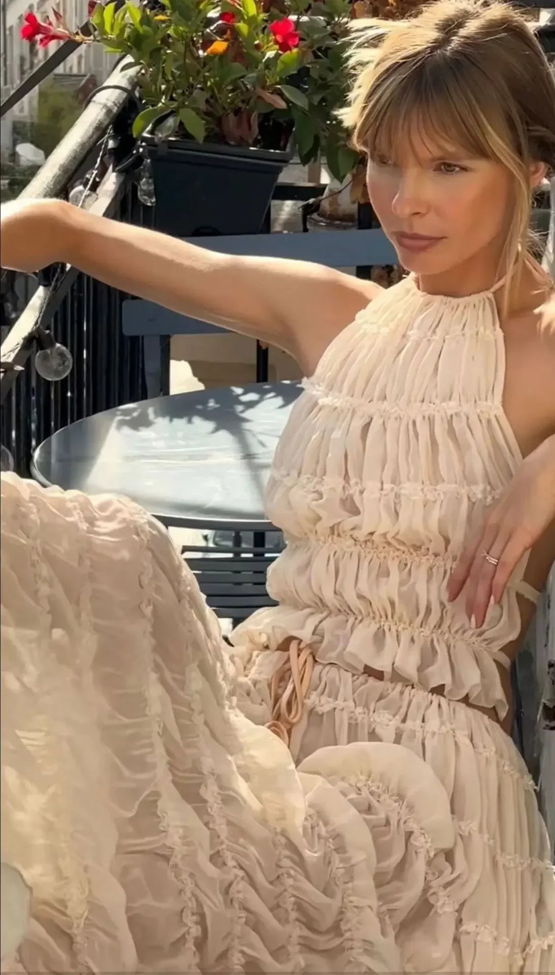 Summer New Sexy Halter Neck Pleated Lace Vest Dress Set for Women