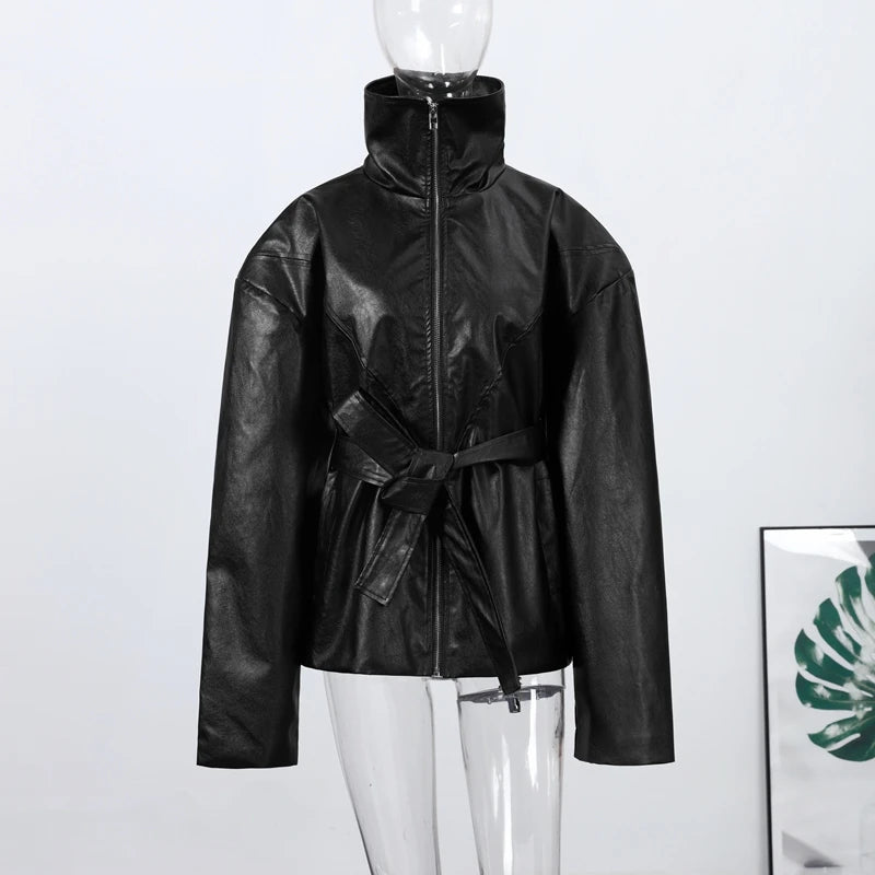 Casual Pu Leather Loose Women Jacket Belt Full Sleeve Stand Collar Zippers Female Coat 2026 Spring Autumn Lady Streetwears