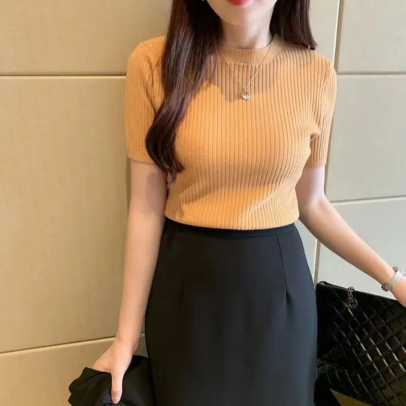 Knitted Sweater Women Pullovers New Black Short Sleeve Sueters De Mujer Knit Sweater Pullover Women Tops O-Neck Knitwears Q3426