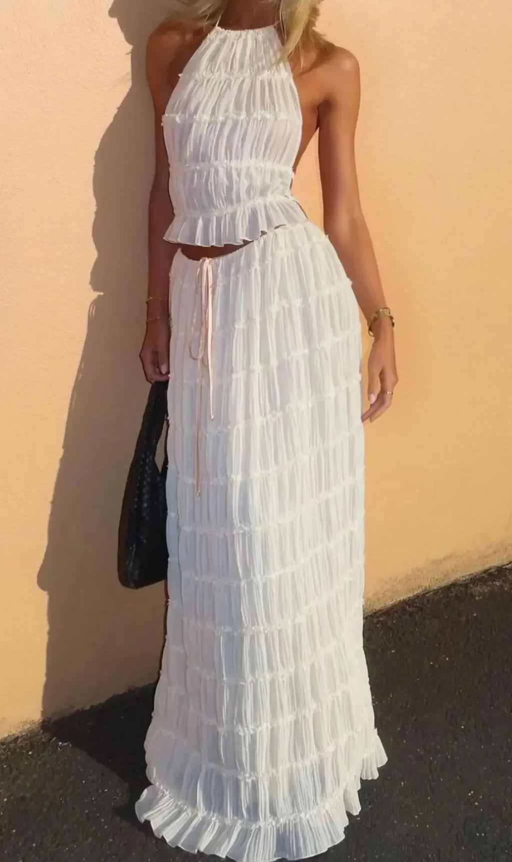 Summer New Sexy Halter Neck Pleated Lace Vest Dress Set for Women