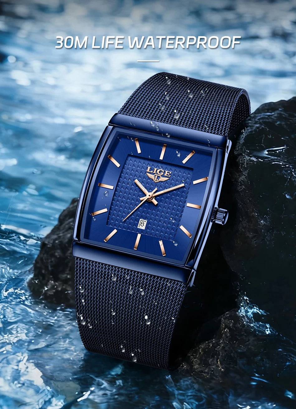 LIGE Top Luxury Watch For Men Stainless Steel Mesh Date Waterproof Luminous Man Wristwatch Casual Rectangle Quartz Men's Watches