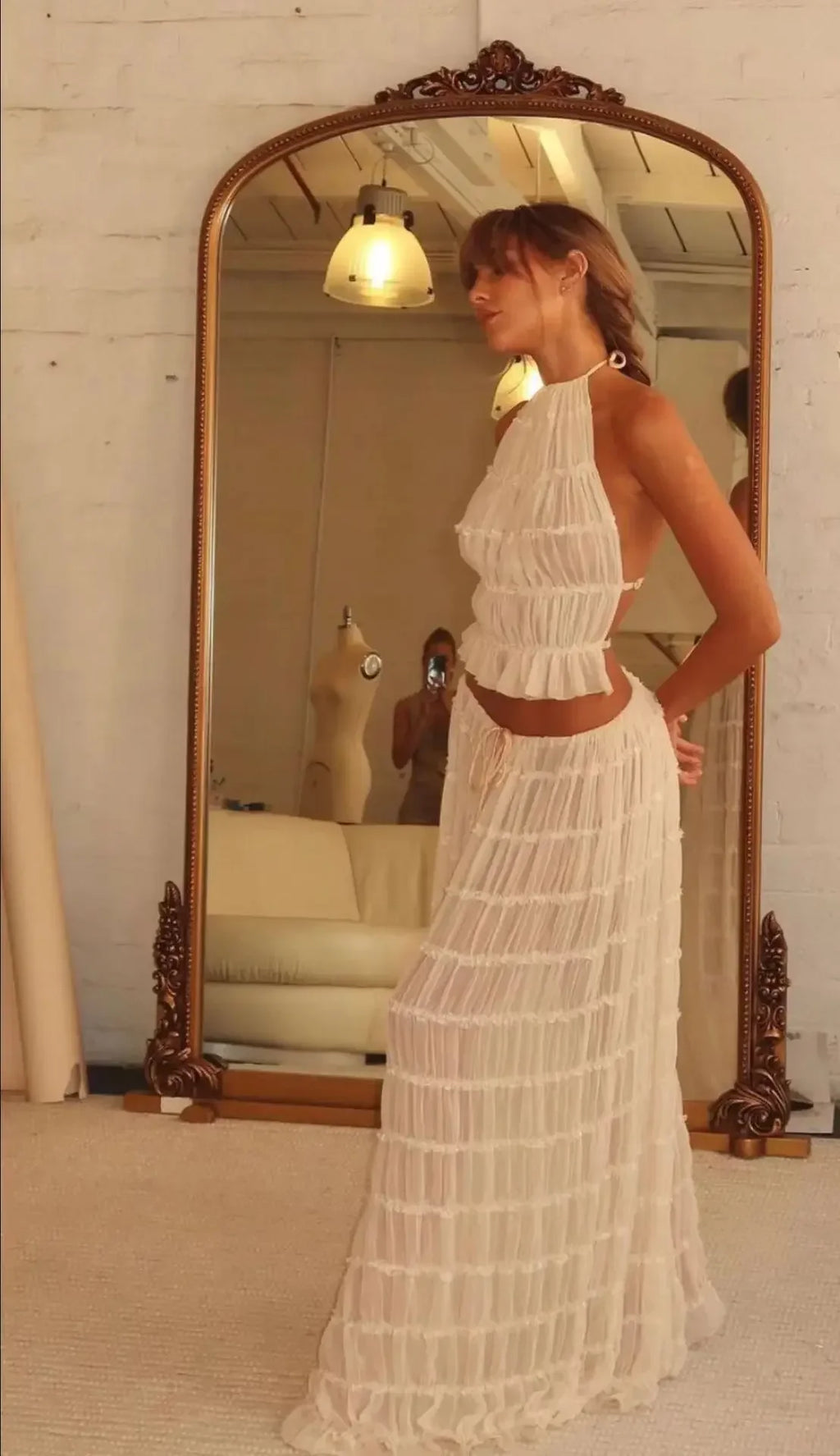 Summer New Sexy Halter Neck Pleated Lace Vest Dress Set for Women