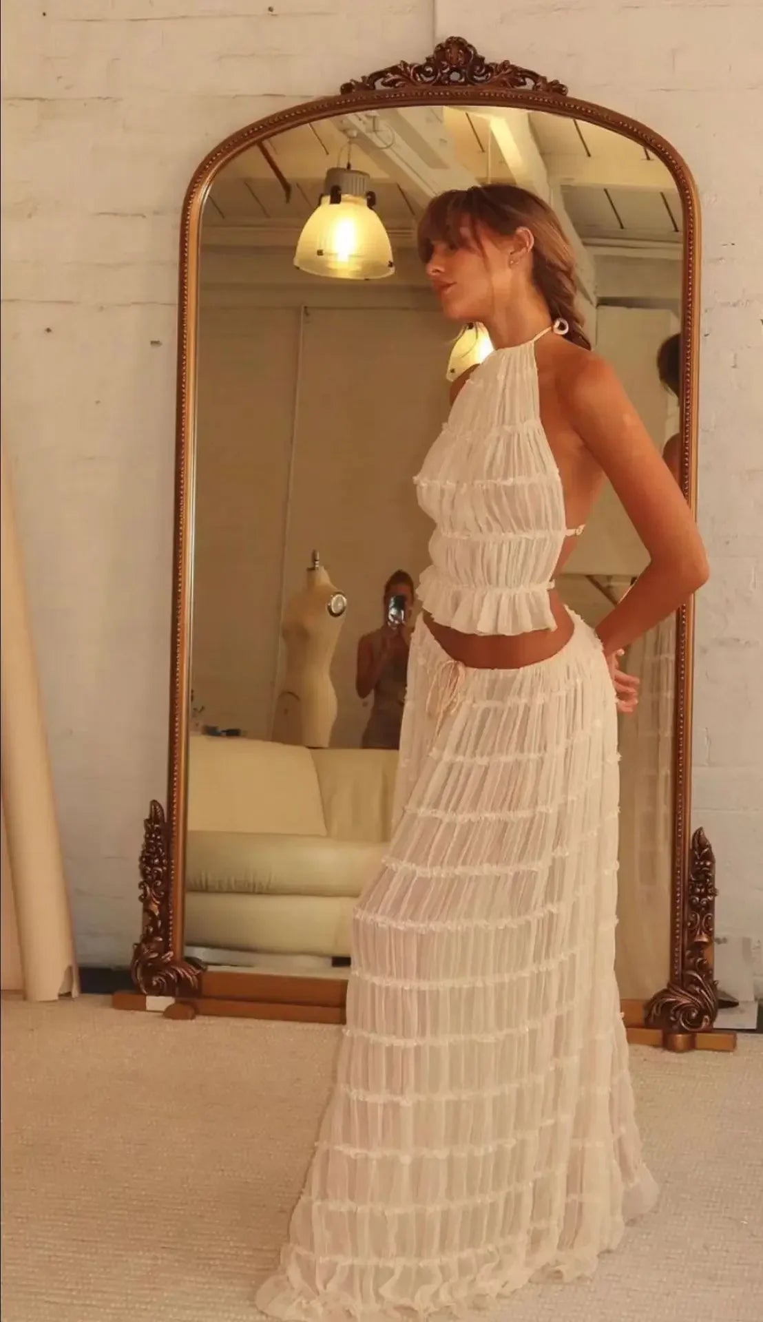 Summer New Sexy Halter Neck Pleated Lace Vest Dress Set for Women